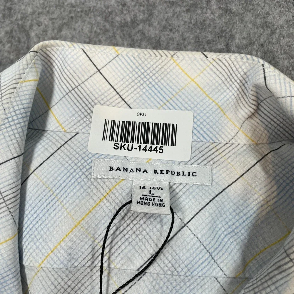 Banana Republic Mens Button Down Shirt L White Plaid Long Sleeve Regular Fit Non